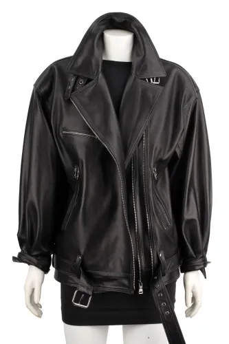 CEL450 - Czarna ramoneska damska oversize ze skóry naturalnej DORJAN