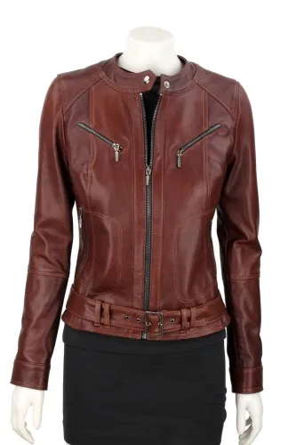 SAR122A - brązowa kurtka skórzana damska z paskiem DORJAN