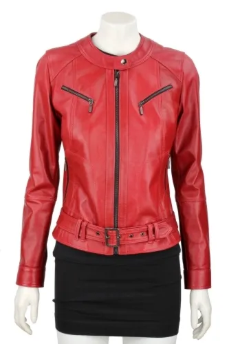 SAR467 - czerwona damska kurtka skórzana z paskiem na klamrę DORJAN