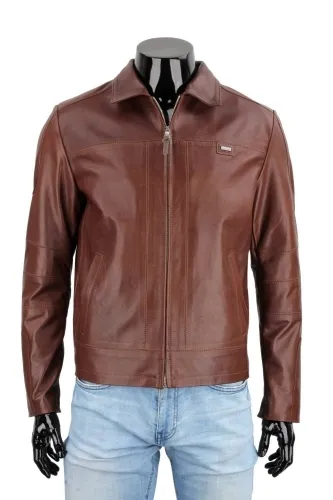 PAO122 - Klasyczna brązowa kurtka skórzana męska vintage DORJAN