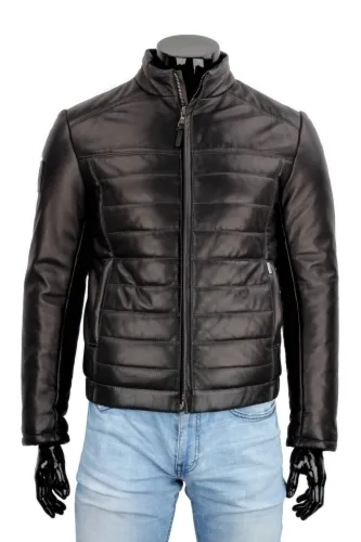 LUC450 - Czarna kurtka skórzana męska pikowana ze ściągaczem DORJAN