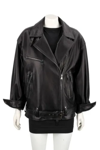 CEL450B - Damska ramoneska oversize z czarnej skóry owczej DORJAN