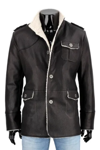 ELV951S - Czarna kurtka ze skóry męska poszyta kożuchem eko DORJAN