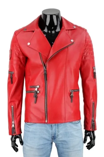 ATN412- Męska ramoneska skórzana z czerwonej skóry owczej DORJAN