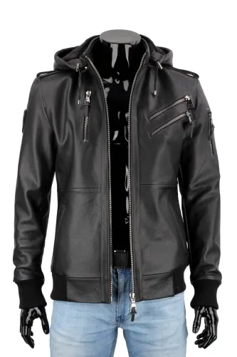 MCH950 - czarna kurtka skórzana męska odpinanym kapturem DORJAN