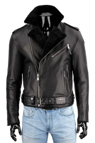 LECH951K - Czarna Męska Ramoneska Skórzana z kożuchem DORJAN