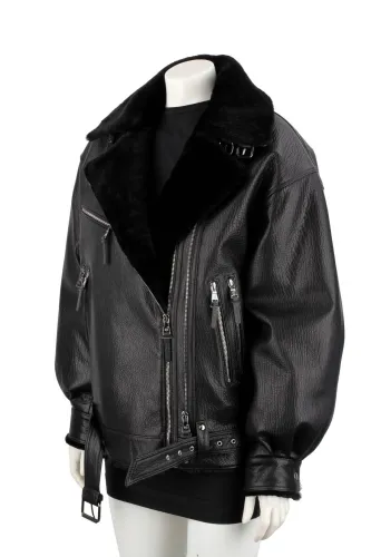 CEL951K - Damska ramoneska oversize z kożuchem naturalnym DORJAN