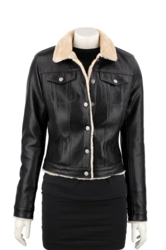 DRI951K - Czarna skórzana katana damska ocieplana kożuchem eko DORJAN