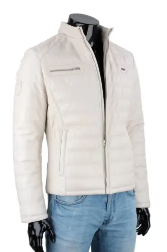 LUI076 - Kurtka skórzana męska pikowana w kolorze ecru DORJAN