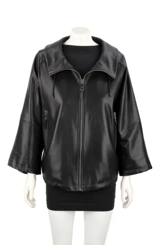 AID450 - Damska kurtka skórzana oversize z czarnej skóry naturalnej DORJAN
