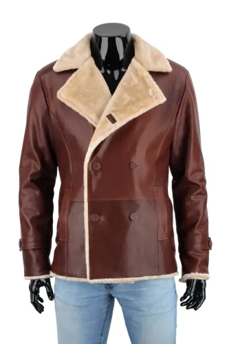 KRO122 - Kurtka skórzana męska dwurzędowa z podszyciem z kożucha DORJAN