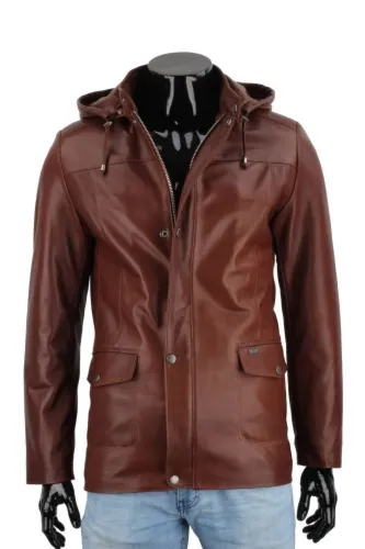 FLX122 - brązowa kurtka skórzana męska z kapturem na wiosnę i jesień DORJAN