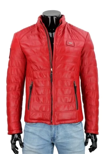 LUI462 - Czerwona kurtka skórzana męska pikowana lekko ocieplonaDORJAN