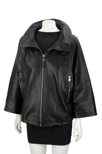 AID951 - Czarna damska kurtka skórzana oversize ze skóry naturalnej DORJAN