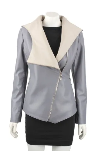 FRI102A - kurtka skórzana damska w kombinacji szarości i beżu DORJAN