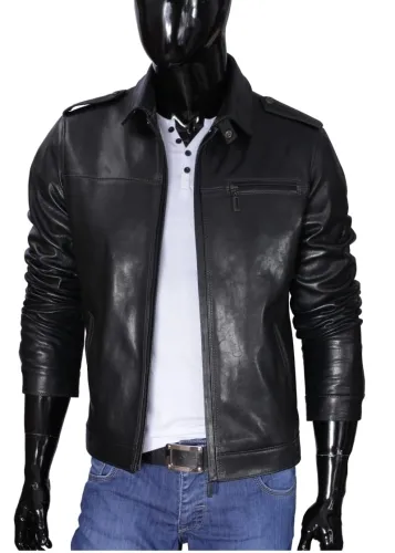 TOM950 - Kurtka skórzana męska z pagonami na ramionach DORJAN