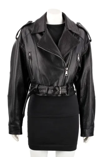 AMN951 - Czarna ramoneska skórzana damska w luźnym kroju oversize DORJAN