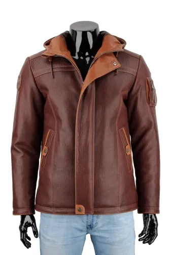 AMD126 - Ekskluzywna brązowa skórzana kurtka męska z kapturem PREMIUM DORJAN