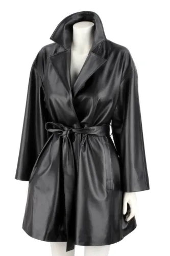 FLO450 - Czarny płaszcz skórzany damski oversize ze skóry naturalnej DORJAN