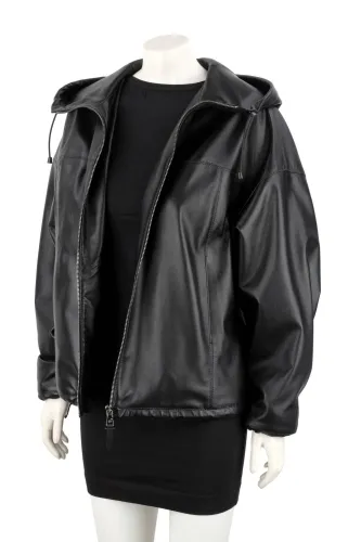 JAS450 - Damska kurtka skórzana z kapturem w luźnym kroju oversize DORJAN