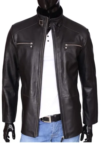NRN950 - długa klasyczna kurtka skórzana na okres przejściowy DORJAN