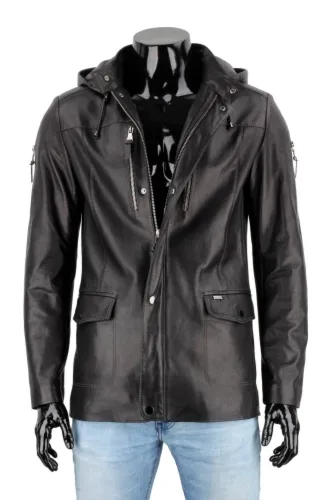 FLX450Z - Praktyczna czarna kurtka skórzana męska z kapturem DORJAN
