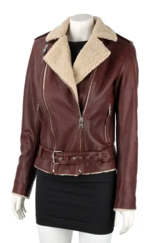 JUK126 - Brązowa ramoneska skórzana ocieplana kożuszkiem DORJAN