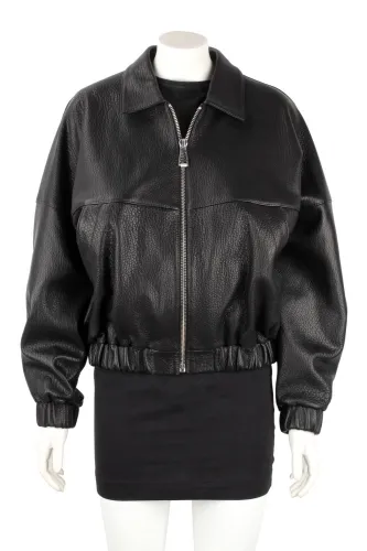BON951 - Damska bomberka skórzana oversize z czarnej skóry owczej DORJAN