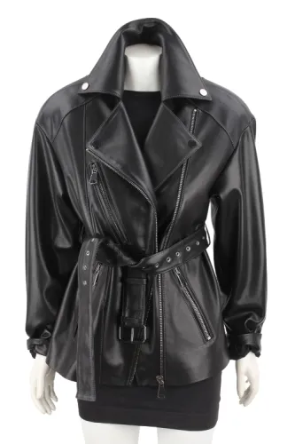 IRA450 - Damska ramoneska oversize z czarnej skóry naturalnej DORJAN