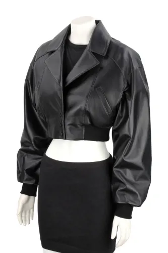 NAT450 - Czarna bomberka skórzana damska z luźnymi rękawami DORJAN