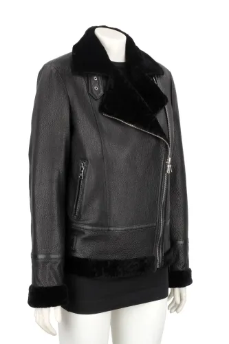 FLC951 - Czarna ramoneska skórzana ocieplana czarnym futerkiem DORJAN