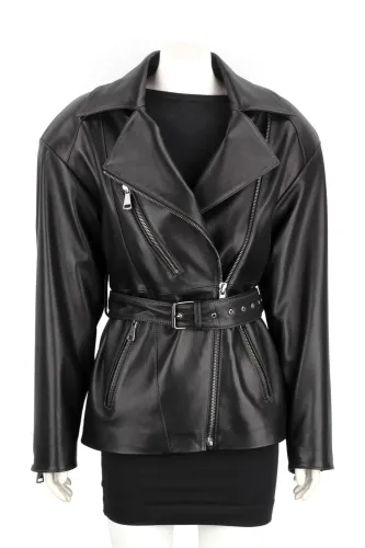 IRA450B - Długa damska ramoneska oversize wiązana w tali DORJAN