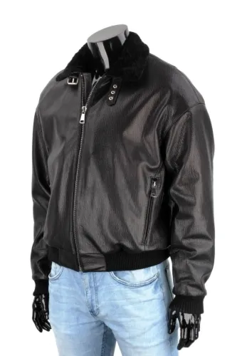 WAL951 - Czarna pilotka męska skórzana z kożuszkiem naturalnym DORJAN