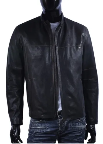 OLF950 - Czarna kurtka skórzana męska o klasycznym kroju DORJAN