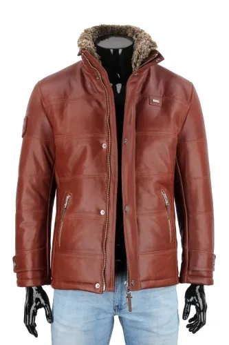 BRU122A - Ciepła brązowa kurtka skórzana męska pikowana DORJAN