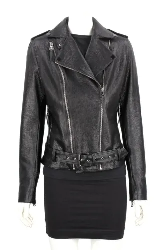 JUD951 - Damska ramoneska z czarnej naturalnej skóry owczej DORJAN