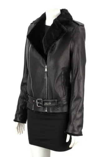 JUK951- Skórzana ramoneska z kożuszkiem w kolorze czarnym DORJAN