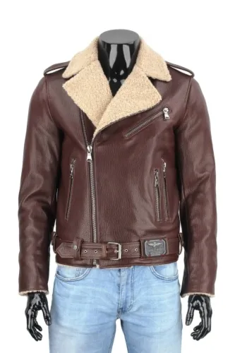 LECH126K - Brązowa Ramoneska Męska Skórzana z kożuchem DORJAN
