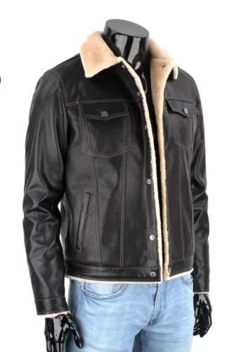 KTMK951 - Czarna katana skórzana męska z kożuchem eko DORJAN