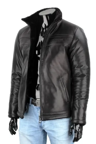 TMKS450 - czarna pilotka skórzana męska z kożuchem i stójką DORJAN