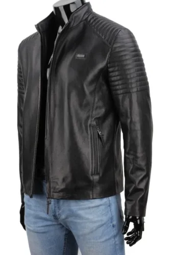 Lekka kurtka skórzana męska z czarnej skóry naturalnej DORJAN