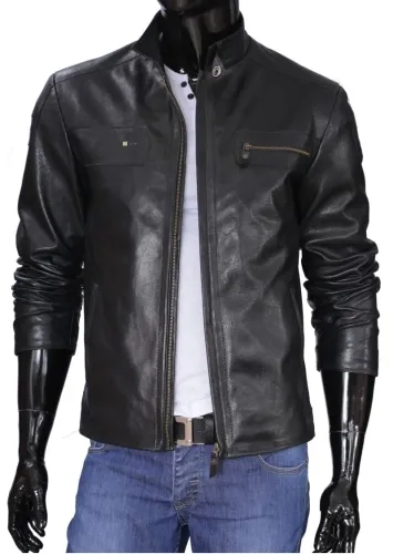 KRZ950_1 - Klasyczna kurtka skórzana męska z czarnej skóry DORJAN