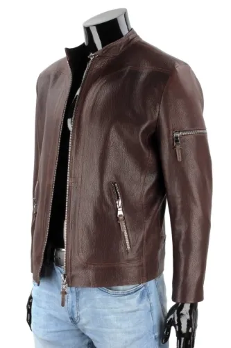 Brązowa kurtka skórzana męska typu biker ze skóry PREMIUM DORJAN