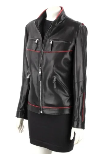 Czarna kurtka skórzana damska biker z czerwonymi lamówkami DORJAN