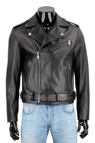Męska Ramoneska Skórzana typu biker z czarnej skóry DORJAN