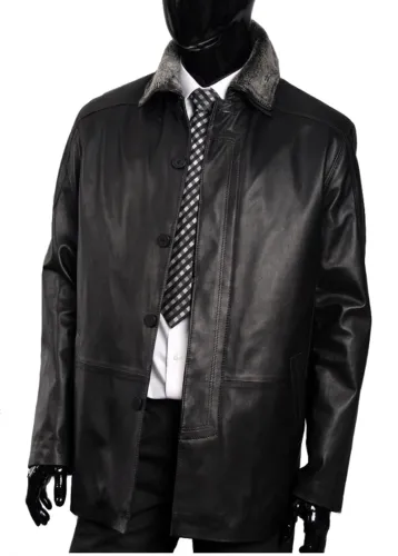 MIR755 - Czarny elegancki płaszcz skórzany męski w stylu retro DORJAN