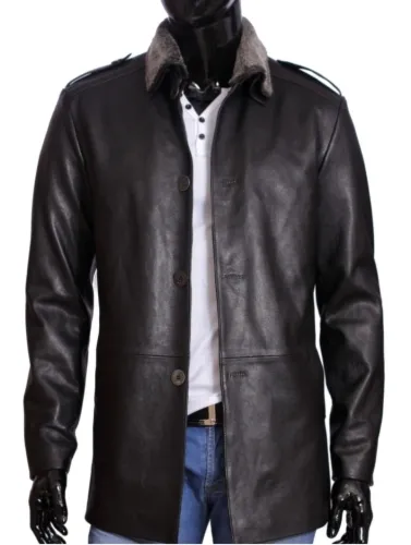 BILK950 - Czarny płaszcz skórzany męski z futerkiem na kołnierzu DORJAN