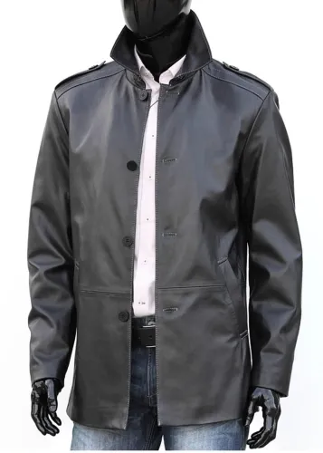 BIL450 - Klasyczny płaszcz skórzany męski z czarnej skóry DORJAN