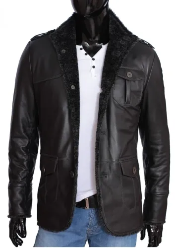 ELV950_2 - Kurtka skórzana męska z czarnym kożuchem eko DORJAN