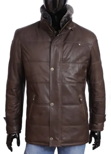 BRU118 - Ciepła kurtka skórzana męska z futrzanym kołnierzem DORJAN